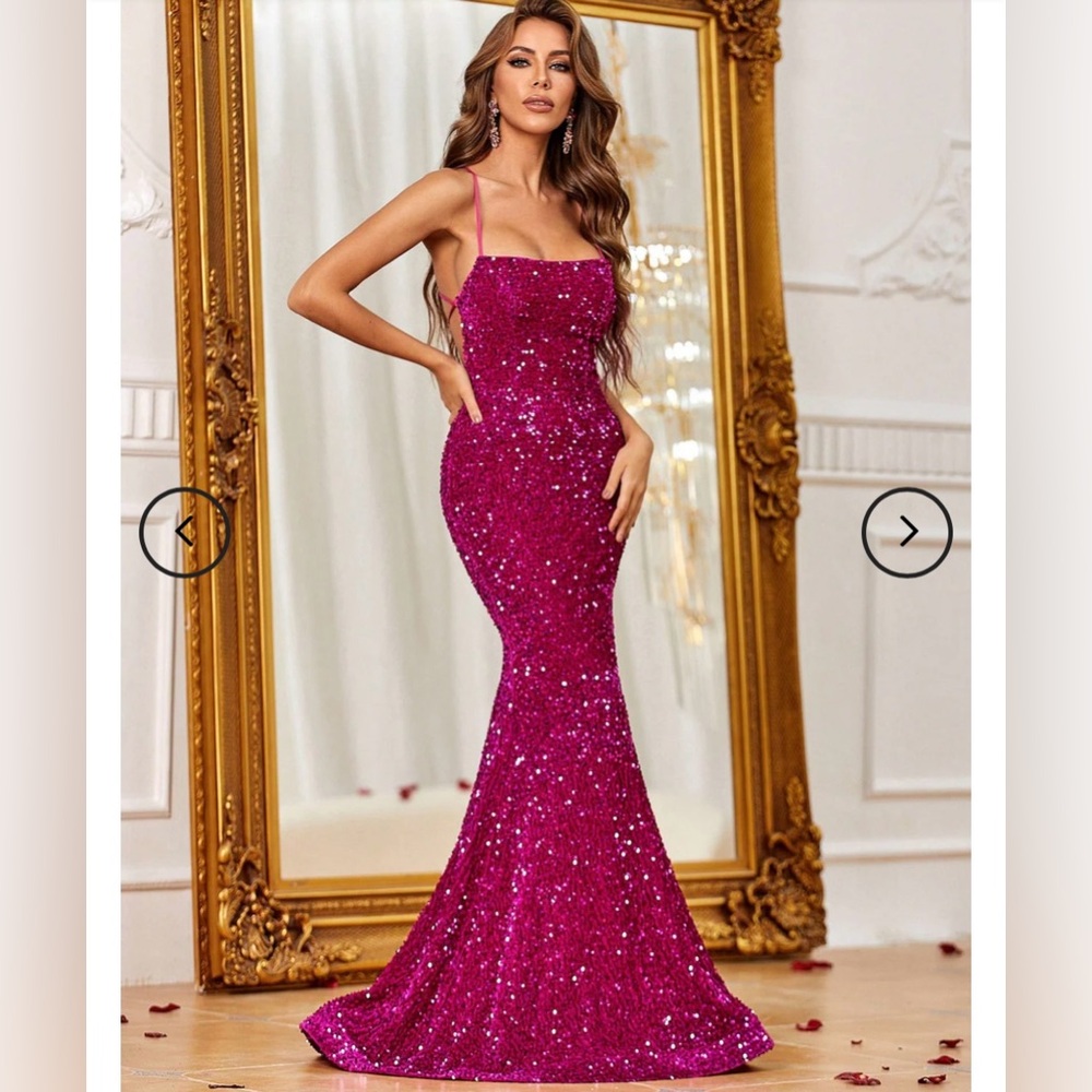 Glamorous Spaghetti Strap Lace Up Back Fuchsia Sequin Mermaid Dress